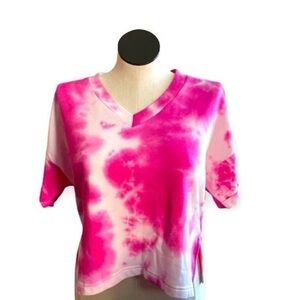 Mellóday women’s V Neck Pink White short sleeve crop top sweatshirt Sz XS